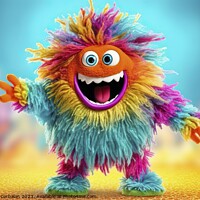 Buy canvas prints of A whimsical and lively fluffy little colored monster dances and laughs on a vibrant background. AI Generated. by Joaquin Corbalan