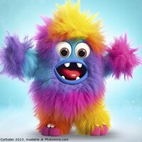 Buy canvas prints of Fluffy little colored monster, dancing and laughing on a colored background. Ai generated. by Joaquin Corbalan