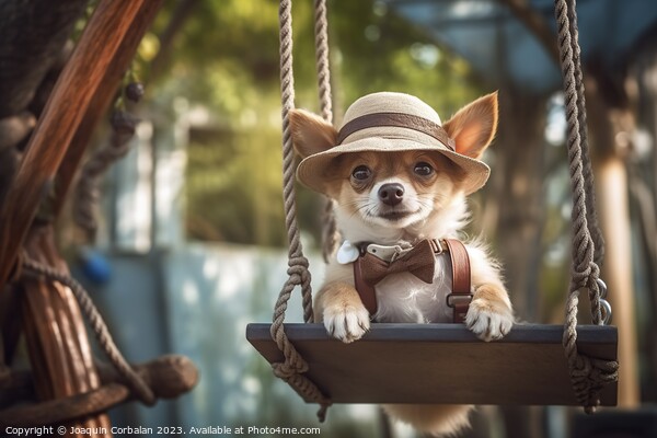 A little dog in clothes and glasses swings funny o Picture Board by Joaquin Corbalan