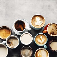Buy canvas prints of Several cups of coffee seen from above, caffeinated as ergogenic by Joaquin Corbalan