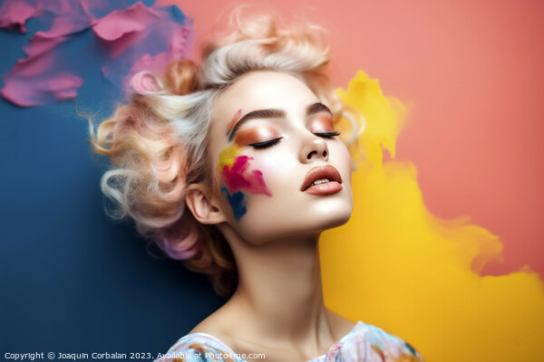 Young female model with colorful makeup against a vibrant painte Picture Board by Joaquin Corbalan
