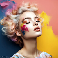 Buy canvas prints of Young female model with colorful makeup against a vibrant painte by Joaquin Corbalan