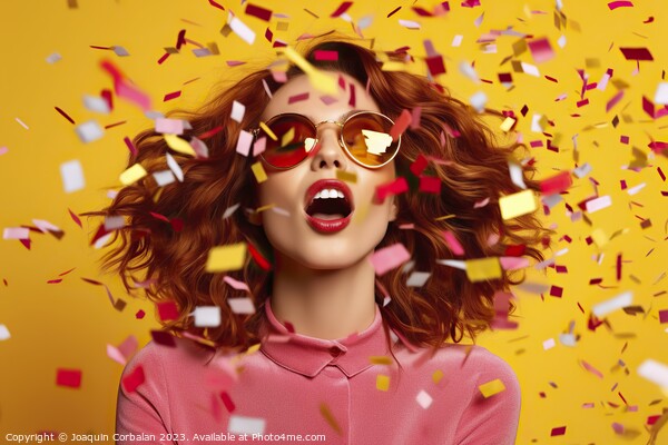 pretty young woman surrounded by an explosion of confetti, against a vibrant colored background. AI Generated Picture Board by Joaquin Corbalan