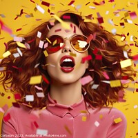 Buy canvas prints of pretty young woman surrounded by an explosion of confetti, against a vibrant colored background. AI Generated by Joaquin Corbalan