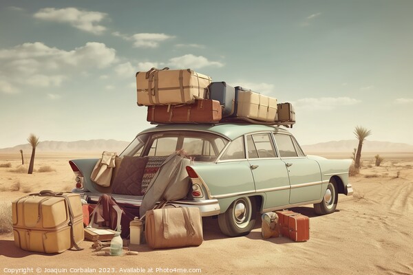 Illustration of a vintage car loaded with suitcases to go on a l Picture Board by Joaquin Corbalan