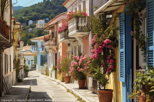 Picturesque and touristy cobbled street in Greece. Ai generated. Picture Board by Joaquin Corbalan