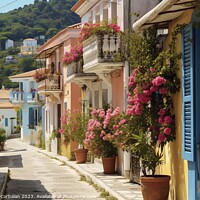 Buy canvas prints of Picturesque and touristy cobbled street in Greece. Ai generated. by Joaquin Corbalan