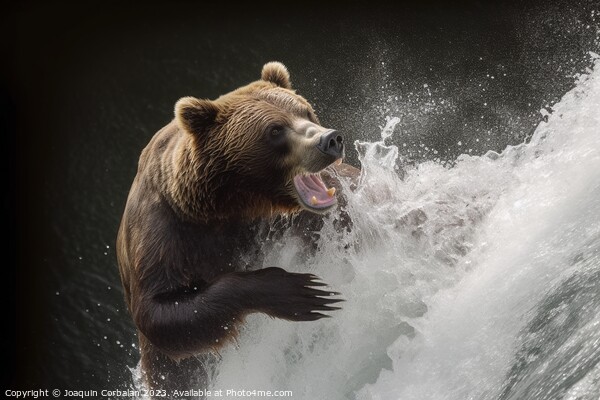 A bear tries to catch a salmon that jumps in a stream. Ai genera Picture Board by Joaquin Corbalan