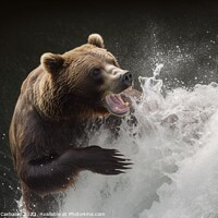 Buy canvas prints of A bear tries to catch a salmon that jumps in a stream. Ai genera by Joaquin Corbalan