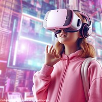 Buy canvas prints of oung girl explores virtual reality shopping experience with futuristic glasses. AI Generated by Joaquin Corbalan