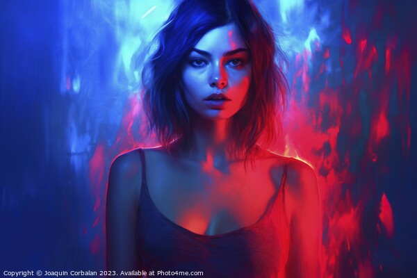 Illustration of a sexy woman wrapped in neon lights and spilled paint. Ai generated. Picture Board by Joaquin Corbalan