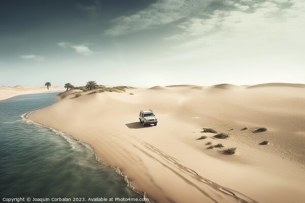 The powerful SUV carves its way through the rolling sand dunes o Picture Board by Joaquin Corbalan