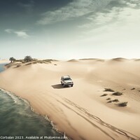 Buy canvas prints of The powerful SUV carves its way through the rolling sand dunes o by Joaquin Corbalan
