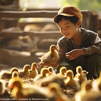 Buy canvas prints of farm boy gently cradles the precious newborn chicks in his hands, savoring the magic of life on the farm. AI Generated by Joaquin Corbalan