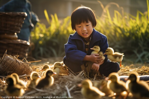 A happy boy on the farm collects the newly hatched chicks. Ai generated. Picture Board by Joaquin Corbalan