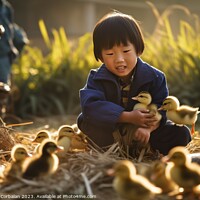 Buy canvas prints of A happy boy on the farm collects the newly hatched chicks. Ai generated. by Joaquin Corbalan