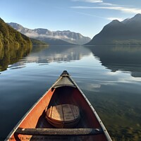 Buy canvas prints of The morning mist cools the calm lake on which a lone canoe float by Joaquin Corbalan