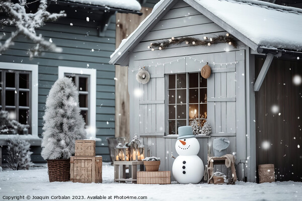 Snowman at the entrance to a house decorated for Christmas durin Picture Board by Joaquin Corbalan