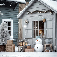 Buy canvas prints of Snowman at the entrance to a house decorated for Christmas durin by Joaquin Corbalan