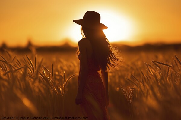 Silhouette of a young woman in a hat who walks at sunset among the grasses of the cereal field. Ai generated. Picture Board by Joaquin Corbalan