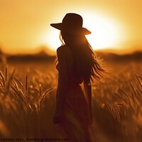 Buy canvas prints of Silhouette of a young woman in a hat who walks at sunset among the grasses of the cereal field. Ai generated. by Joaquin Corbalan
