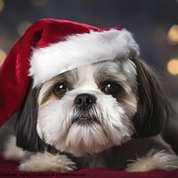 Buy canvas prints of Nice dog with a christmas hat, posing on red backg by Joaquin Corbalan