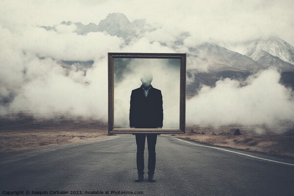 Introspective travel concept, a man holds a frame standing on a road between clouds. Ai generated. Picture Board by Joaquin Corbalan