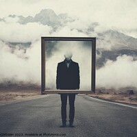 Buy canvas prints of Introspective travel concept, a man holds a frame standing on a road between clouds. Ai generated. by Joaquin Corbalan