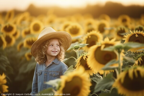 Boy playing among the sunflowers on a nice summer afternoon.Fict Picture Board by Joaquin Corbalan