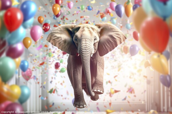 A light elephant floating with colored balloons. A Picture Board by Joaquin Corbalan