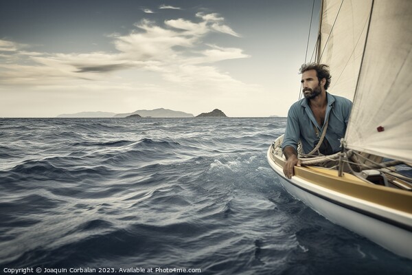 A lonely, handsome man sails his small boat, enjoying the sea br Picture Board by Joaquin Corbalan
