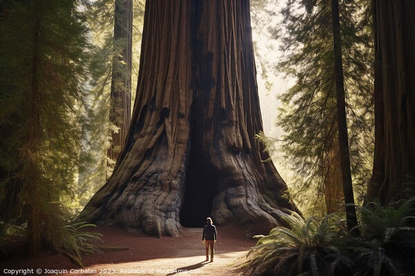 A tiny man walks through redwoods in an old-growth forest. Picture Board by Joaquin Corbalan