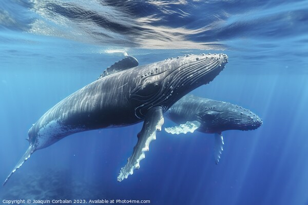 Beautiful whales swimming near the surface of the vast sea. Ai generated. Picture Board by Joaquin Corbalan