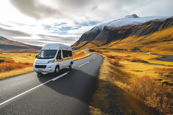 Embarking on a family vacation adventure, a campervan drives along a breathtaking mountain road with snow-capped peaks. Picture Board by Joaquin Corbalan