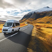 Buy canvas prints of Embarking on a family vacation adventure, a campervan drives along a breathtaking mountain road with snow-capped peaks. by Joaquin Corbalan