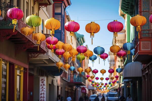 the streets of Chinese cities come alive with a dazzling display of brightly colored lanterns, creating an enchanting atmosphere. Ai generated. Picture Board by Joaquin Corbalan