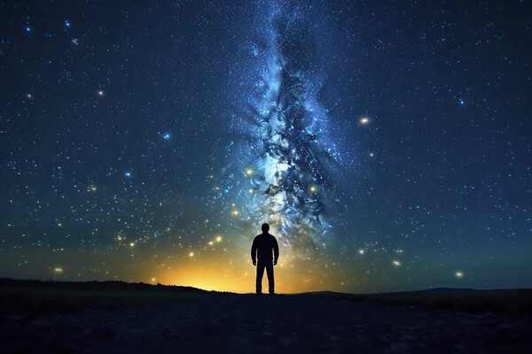 Silhouette of a man walking under the milky way of a clear and starry sky. Picture Board by Joaquin Corbalan