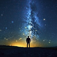 Buy canvas prints of Silhouette of a man walking under the milky way of a clear and starry sky. by Joaquin Corbalan