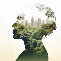 Buy canvas prints of On a white background, the silhouette of a woman filled with a forest, double exposure, with the environmental concept. by Joaquin Corbalan