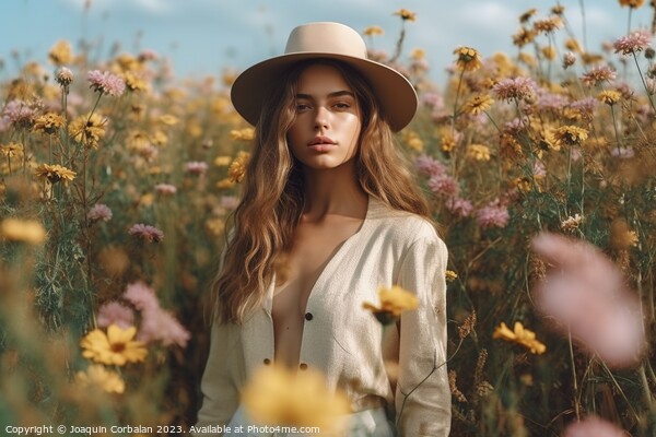 A beautiful model woman, posing seriously among a field of flowers, wearing a straw hat and a sensual open shirt. Picture Board by Joaquin Corbalan