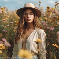 Buy canvas prints of A beautiful model woman, posing seriously among a field of flowers, wearing a straw hat and a sensual open shirt. by Joaquin Corbalan