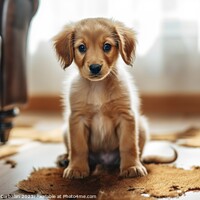 Buy canvas prints of A puppy rests after tearing up the carpet at home. by Joaquin Corbalan