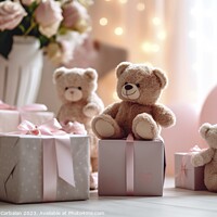 Buy canvas prints of Many gifts in pink boxes and stuffed animals, exce by Joaquin Corbalan