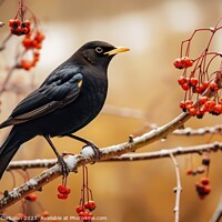 Buy canvas prints of Beautiful black blackbird perched on the branch of by Joaquin Corbalan