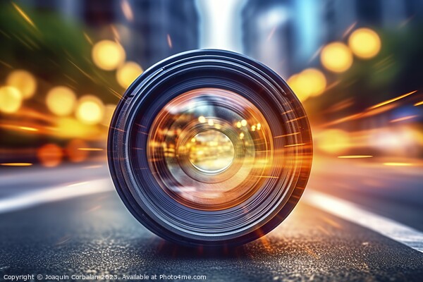 A photography lens on the asphalt of a city, to cr Picture Board by Joaquin Corbalan