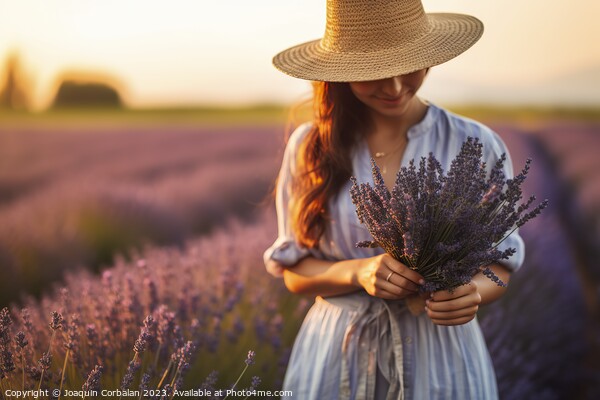 Young gardener woman picks lavender at sunset in a bucolic country scene. Picture Board by Joaquin Corbalan
