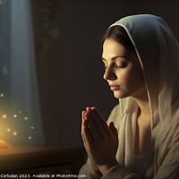 Buy canvas prints of Beautiful young Muslim woman prays prostrate with  by Joaquin Corbalan