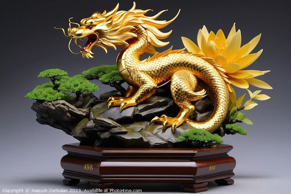 Sculpture of an Asian style golden dragon on a wooden platform. Picture Board by Joaquin Corbalan