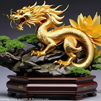 Buy canvas prints of Sculpture of an Asian style golden dragon on a wooden platform. by Joaquin Corbalan