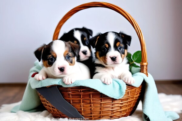 Adorable puppies in a wicker basket. Picture Board by Joaquin Corbalan